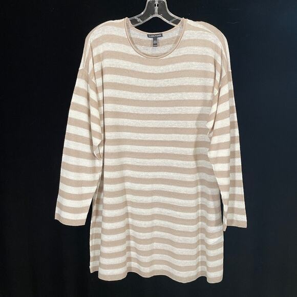 Eileen Fisher Organic Linen and Cotton Sweater Tan White Stripe XL - Picture 3 of 6